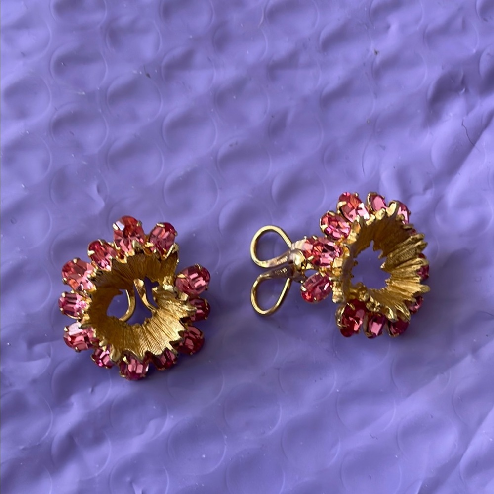 Vintage Napier  Gold & Pink Floral clip on Earrings